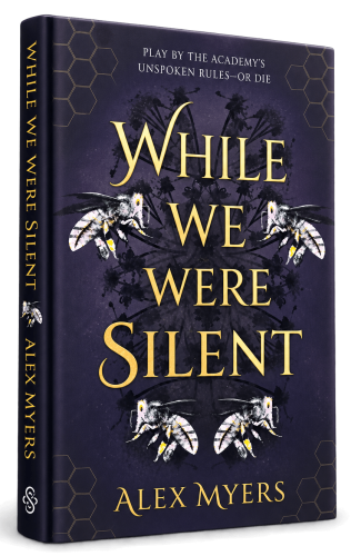 While We Were Silent by Alex Myers book cover featuring moths and dark botanical artwork