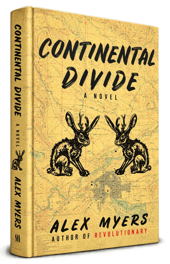Continental Divide by Alex Myers book cover featuring two jackrabbits over a vintage map