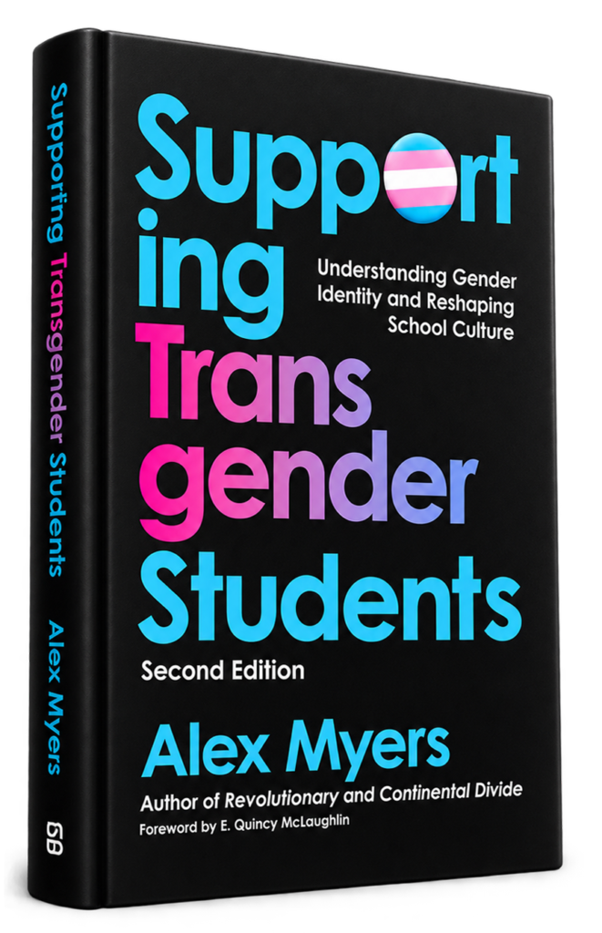 Supporting Transgender Students by Alex Myers book cover with blue, pink and purple typography
