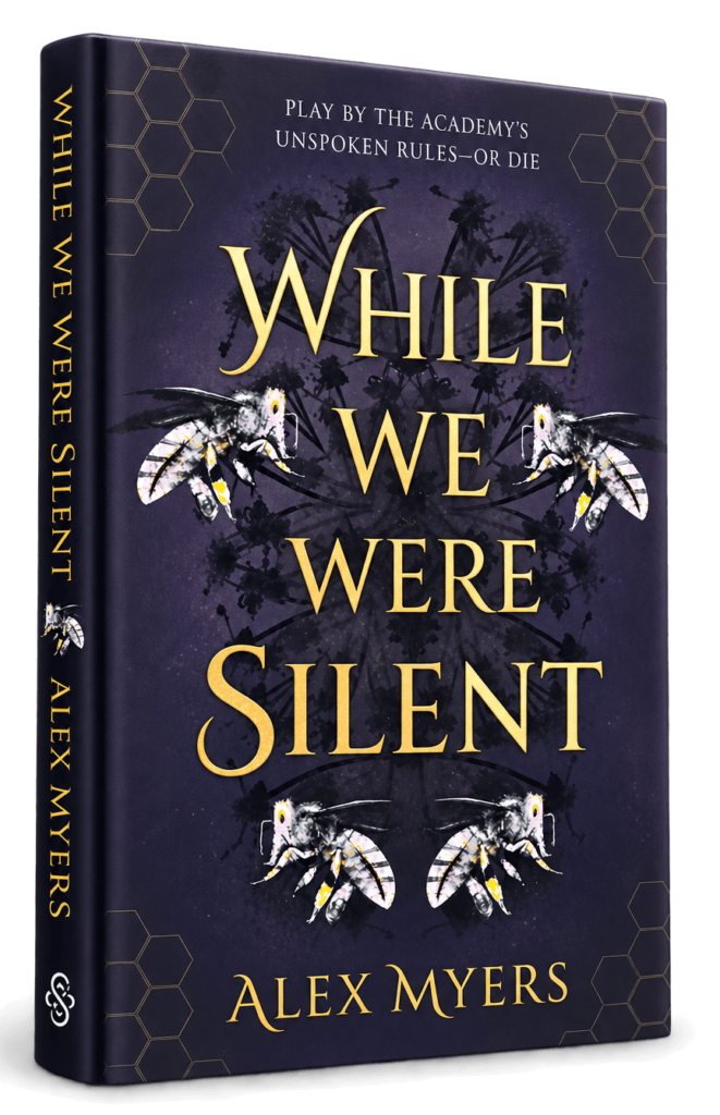 While We Were Silent by Alex Myers book cover featuring moths and dark botanical artwork