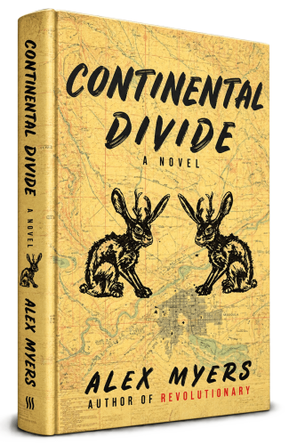 Continental Divide by Alex Myers book cover featuring two jackrabbits over a vintage map